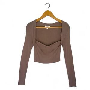 Mable Women's Sweetheart Cropped Sweater Size M Taupe Brown Long Sleeve Ribbed